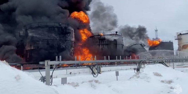 Russian forces bring down Ukrainian drone, munitions explode and set Klintsy oil depot ablaze